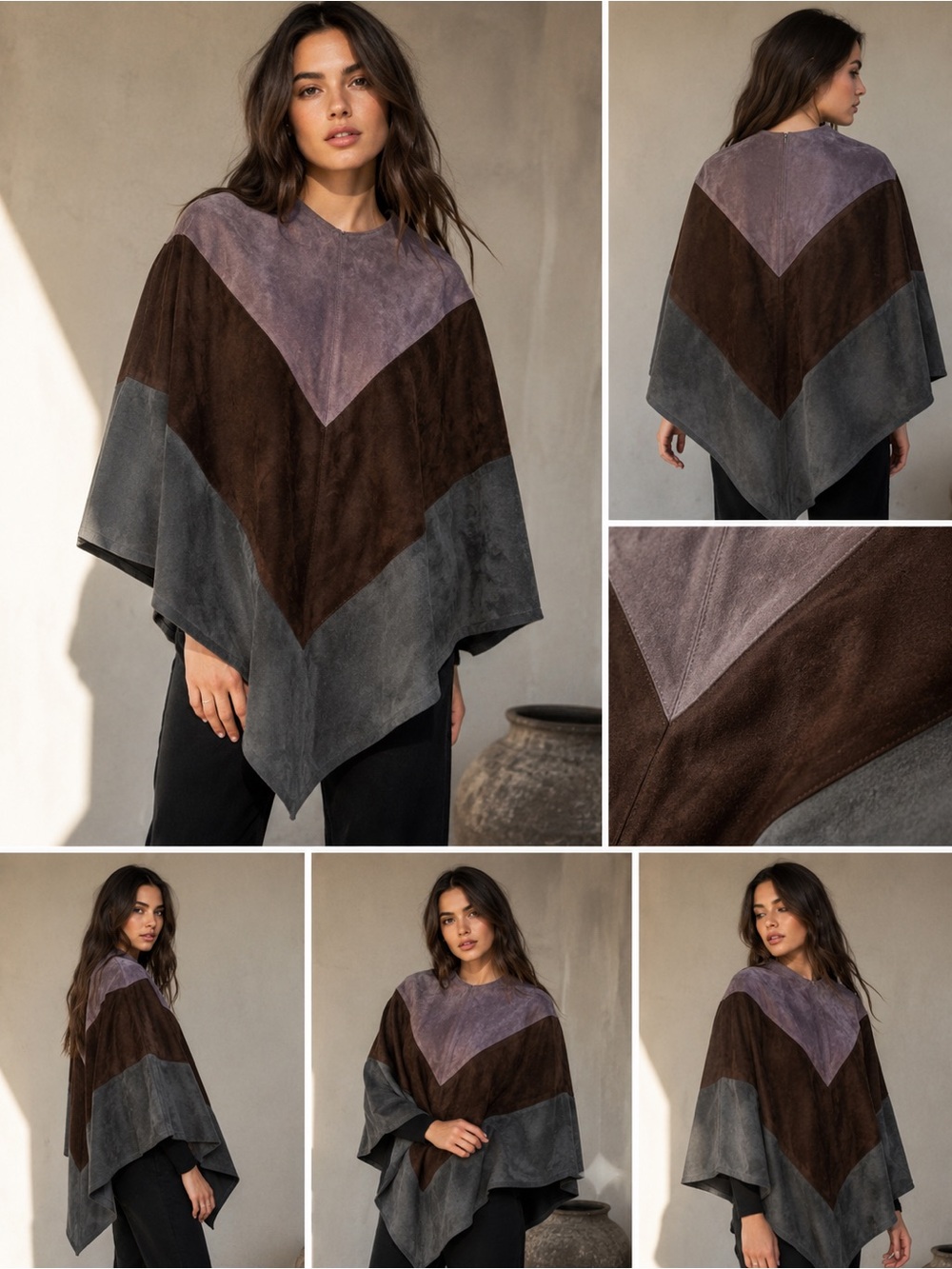 Suede Chevron Poncho Sweater in Brown, Gray & Purple